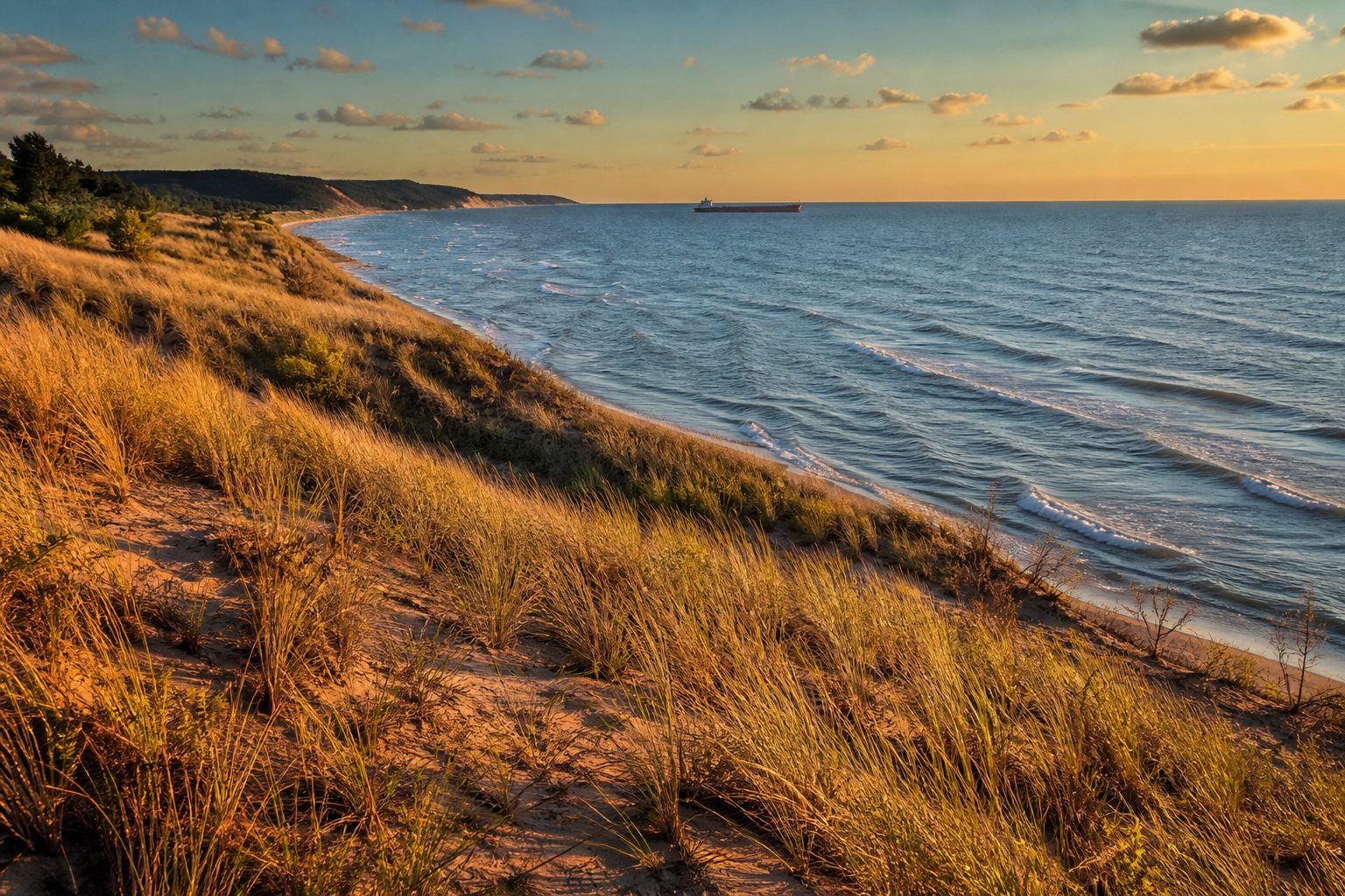 The lake at dusk, looking west along the shoreline